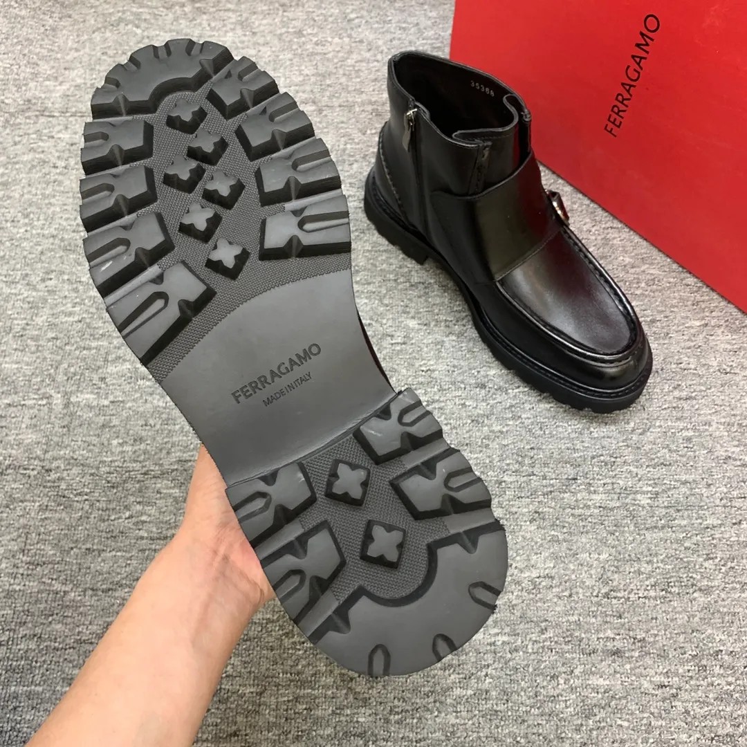 Men's shoes 💰960 🎁🎁🎁😈[Ferragamo] Men's high-top boots, the latest hot style, 1:1 original purchase quality, top quality, imported cowhide for the uppers, imported cowhide for the lining and feet, with original lightweight foam outsole, matching code 39-44, (38, 45 custom-made, non-refundable)